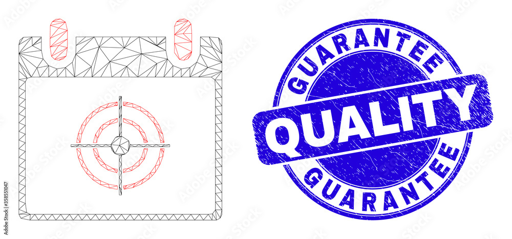 Web mesh target calendar page pictogram and Guarantee Quality seal stamp. Blue vector rounded distress seal stamp with Guarantee Quality title.