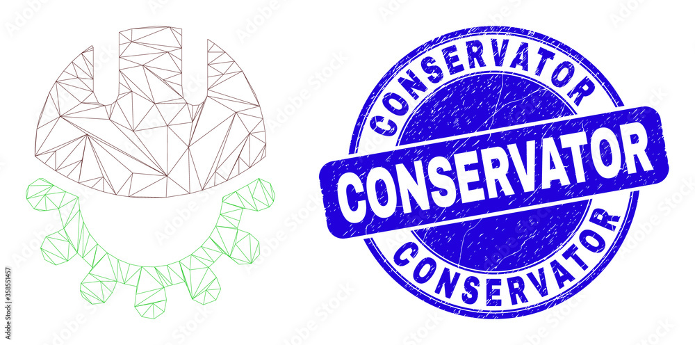 Obraz premium Web mesh development helmet pictogram and Conservator stamp. Blue vector round grunge stamp with Conservator title. Abstract frame mesh polygonal model created from development helmet pictogram.