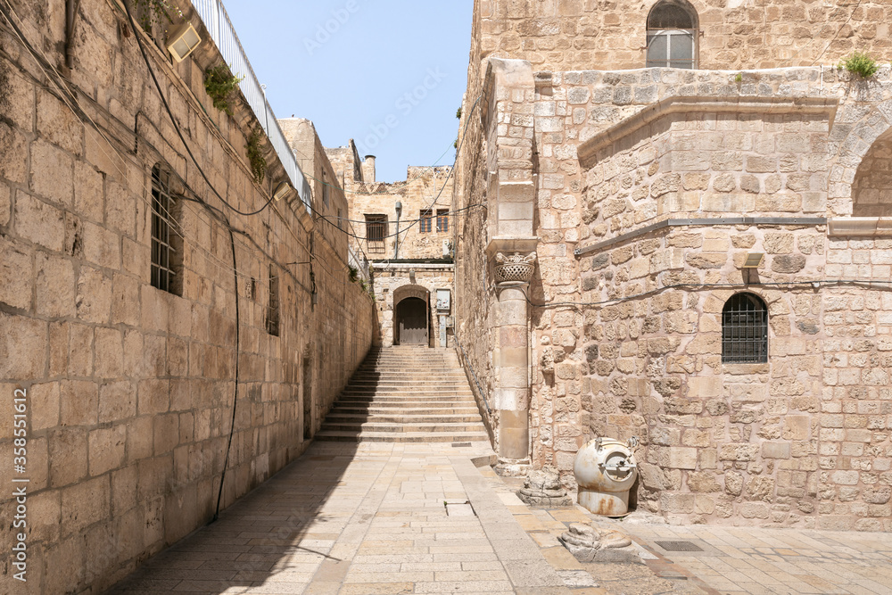 St. Helena street leading from the Church of the Holy Sepulchre to the Arab quarter in the old city of Jerusalem, Israel