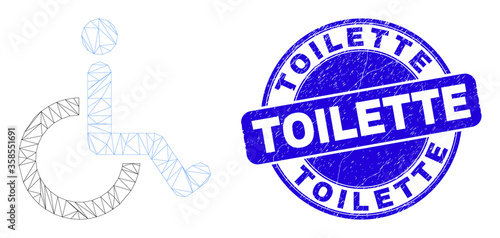 Web mesh wheelchair icon and Toilette seal. Blue vector round distress seal stamp with Toilette message. Abstract carcass mesh polygonal model created from wheelchair icon.