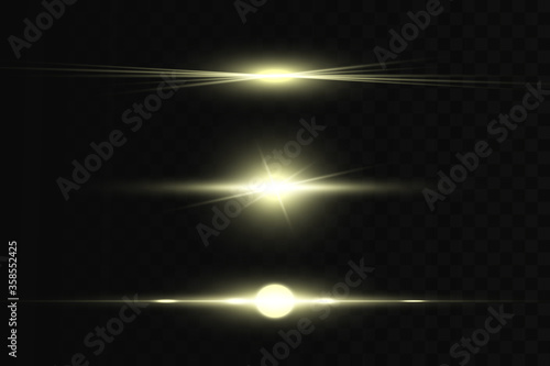 Glow isolated white light effect set, lens flare, explosion, glitter, line, sun flash and stars. Abstract special effect element design. Shine ray with lightning. Set of gold bright beautiful stars.