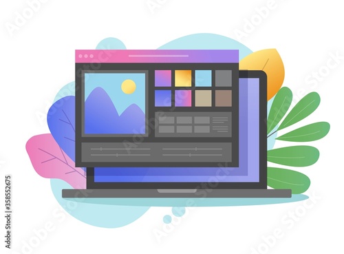 Artist studio picture creating on digital drawing program or photo editor app online image dark color software vector on laptop pc computer flat cartoon