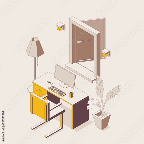 Isometric outline full color office workplace with window. 3d dimensional interior scene
