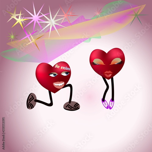 Vector two red hearts 3D characters falling in love. Romantic couple declare of love . Poster with bright stars and colorful illumination with pink background. Linked, love, passion and wedding. 