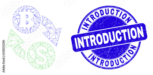 Web mesh display icon and Introduction seal stamp. Blue vector rounded grunge seal stamp with Introduction phrase. Abstract carcass mesh polygonal model created from display icon.