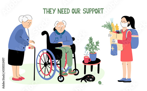 They need our support. Lettering and vector Illustration of senior couple isolated on white. Social problem poster. Care for vulnerable people concept. Communication, food and medicine delivery.
