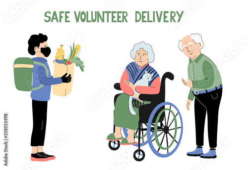 Safe volunteer delivery. Lettering and Illustration of senior couple and a young man with a protective mask and gloves. He brought a package full of food to help vulnerable people.