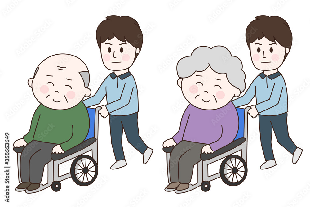 Elderly people in a wheelchair with a caregiver. Vector illustration isolated on white background. Elderly people in a wheelchair with a caregiver. Vector illustration isolated on white background.
