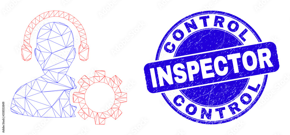 Web carcass service call center icon and Control Inspector seal. Blue vector round distress seal with Control Inspector text. Abstract frame mesh polygonal model created from service call center icon.