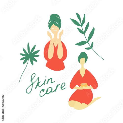 Skin care concept. Young woman in SPA, in bathroom doing cosmetic procedures. Hand drawn flat doodle vector illustration