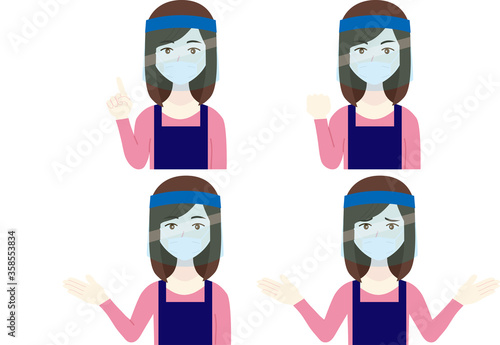 フェイスガードとマスクをするエプロンの女性パターン