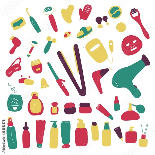 Big Beauty set. Skin care and beauty signs, beauty tools, spa salon and self-care icons. Vector flat doodle illustration
