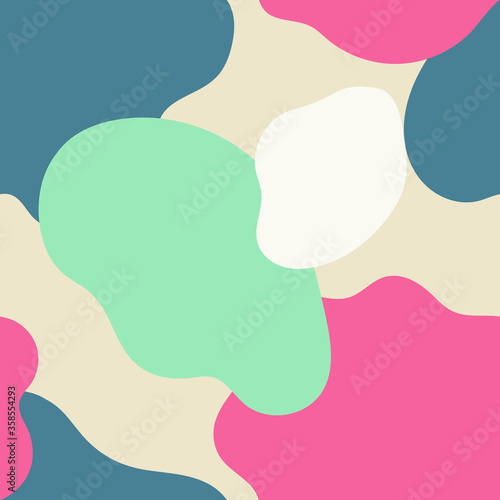 Abstract seamless pattern with organic shapes in mint, light green, dark teal and pastel pink. Trendy and stylish wallpaper, textile, branding and packaging design, modern wall art.