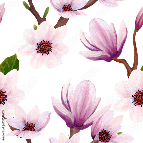 seamless pattern design with hand painted magnolia