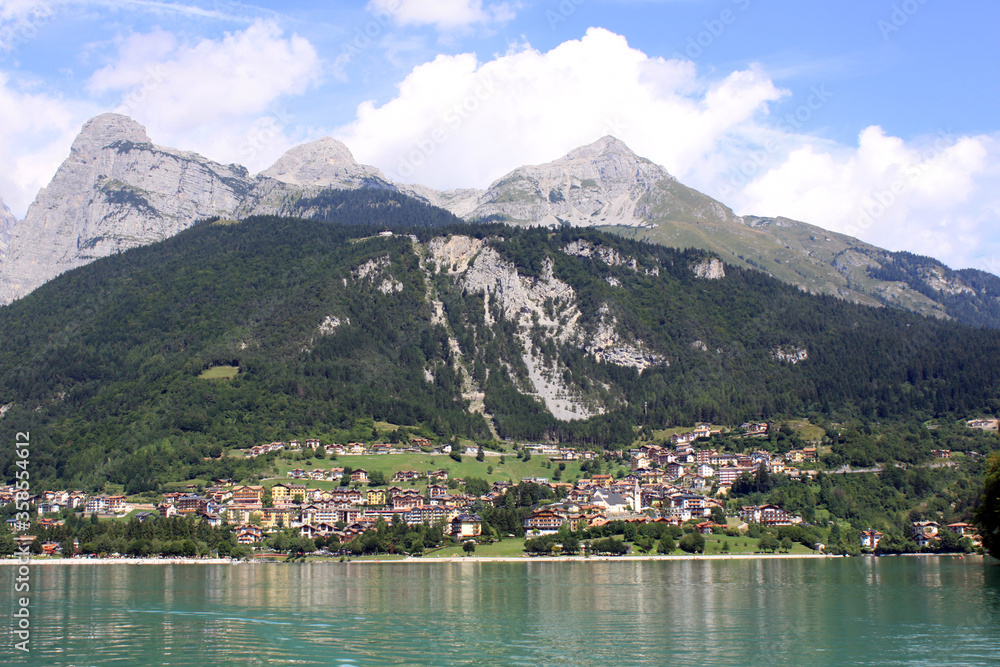 Molveno town with its lake, Trentino, Italy