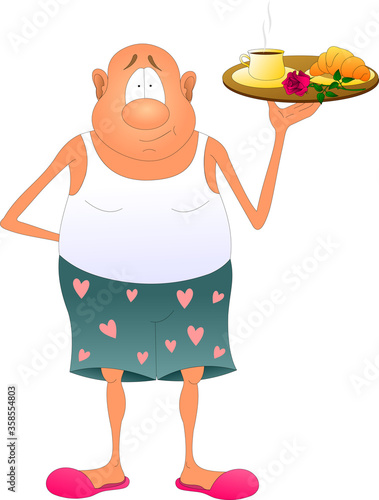 Breakfast in bed. A man in family shorts and slippers holds a breakfast tray in his hands