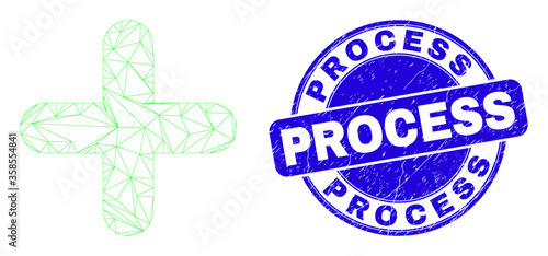 Web mesh cross icon and Process seal stamp. Blue vector rounded distress seal stamp with Process phrase. Abstract carcass mesh polygonal model created from cross icon.