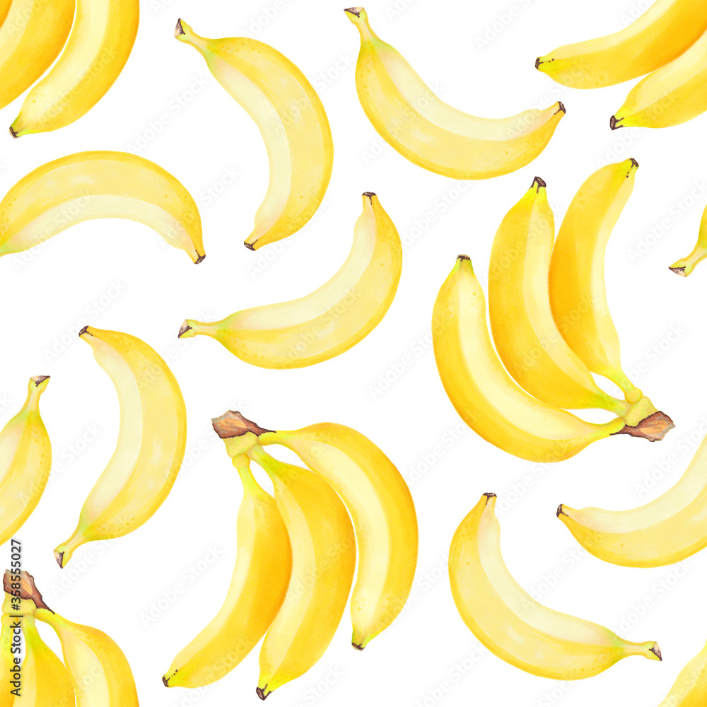 Hand drawn watercolor seamless pattern of yellow bananas fruits set with banana flower. Hand drawn watercolor seamless pattern of yellow bananas fruits set with banana flower.
