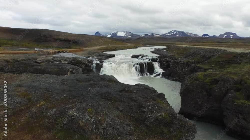 Aerial landscape of Iceland's nature with river, mountains, field and volcanic rocks Aerial landscape of Iceland's nature with river, mountains, field and volcanic rocks