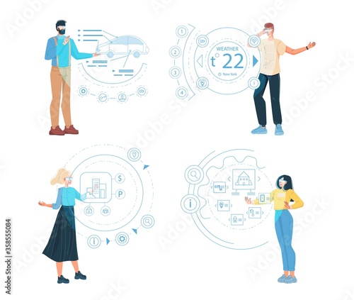 People wearing smart glasses wearable device set. Man woman in digital intelligence eyewear accessories controlling car house, getting information about weather, property real estate news. IoT