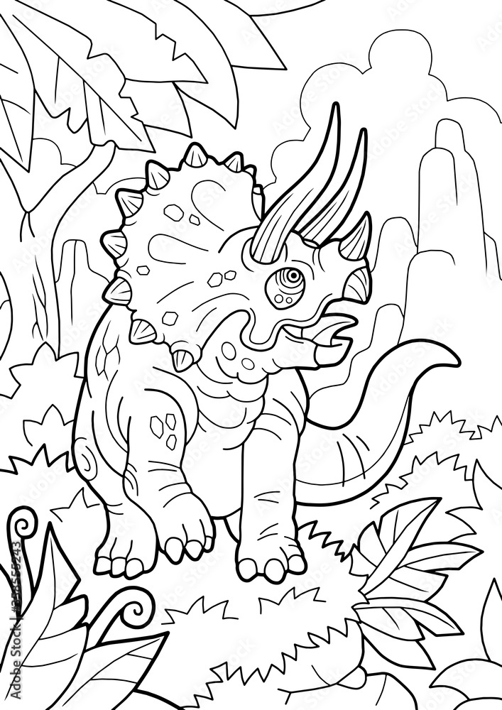 Fototapeta premium cartoon prehistoric dinosaur triceratops, coloring book, funny illustration