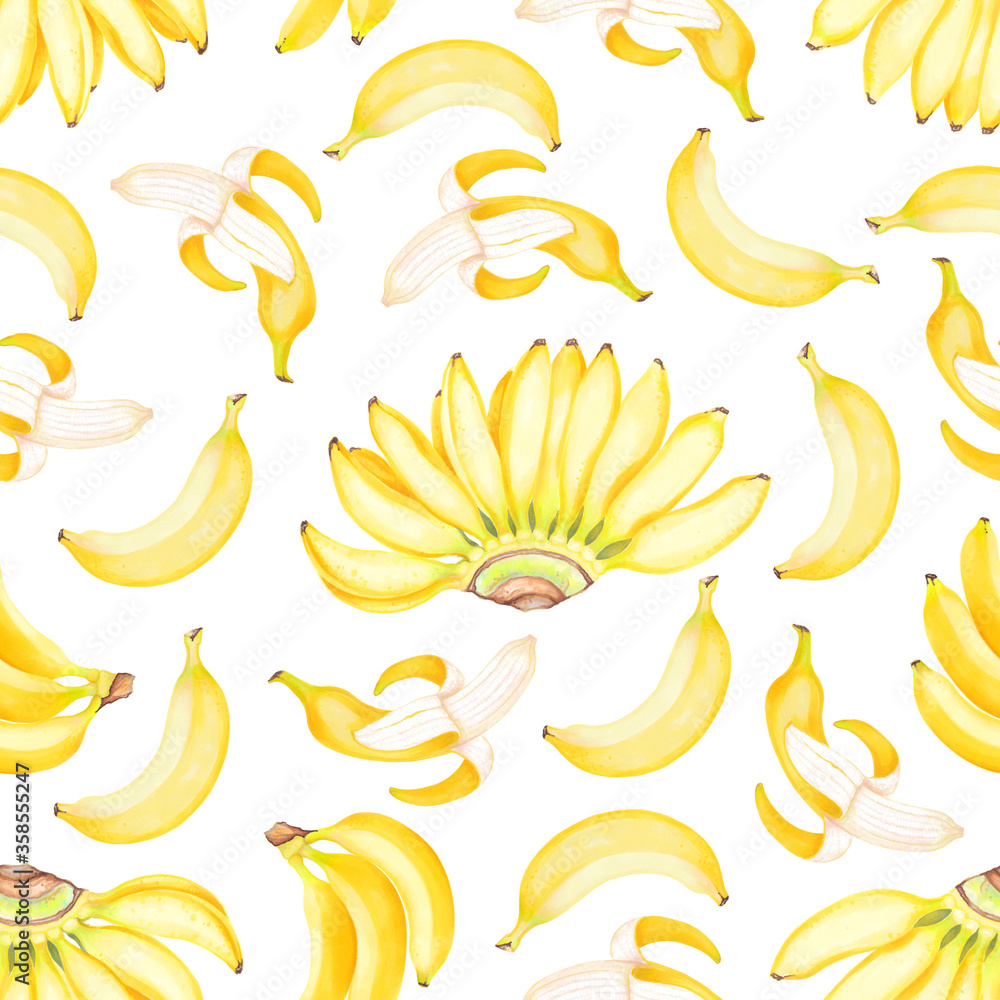 Hand drawn watercolor seamless pattern of yellow bananas fruits set with banana flower. Hand drawn watercolor seamless pattern of yellow bananas fruits set with banana flower.