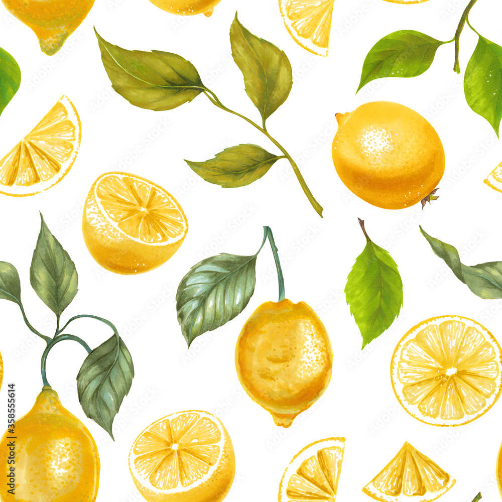 Naklejka Hand drawn watercolor illustrations of yellow lemon fruits with leaves seamless pattern