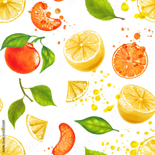 Fototapeta Naklejka Na Ścianę i Meble -   Lemon orange mandarin tangerine with leaves hand drawn watercolor seamless pattern