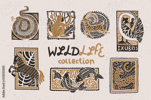 Vintage collection of stylized animals in the technique of linocut. Can be used as a print on clothes, postal stamp, postcard photo