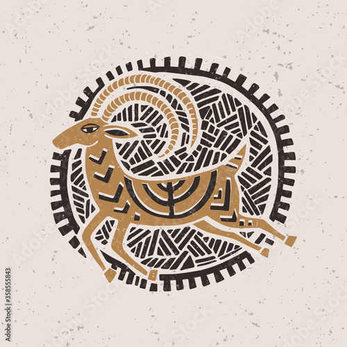 Illustration with a stylized gazelle in the technique of linocut. Can be used as a stamp on clothing, postage stamp, postcard