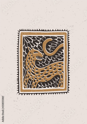 Illustration with a stylized leopard in the technique of linocut. Can be used as a stamp on clothing, postage stamp, postcard photo