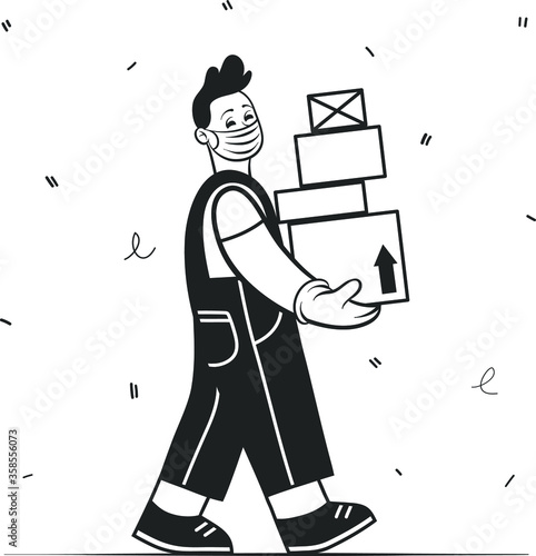 Couriers holding boxes in medical mask and gloves. Concept of contactless or to the door delivery. Coronavirus quarantine shop or store food or medical supplies express fast delivery service.