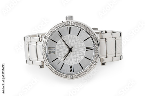 Luxury watch isolated on white background. With clipping path. Chrome watch. Women watch. Female watch. Nobody.