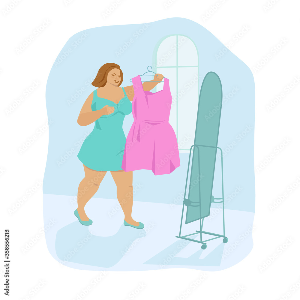 A plus size girl is holding a short pink dress in front of a mirror. Lush beauty. Concept. Vector illustration in flat cartoon style. A plus size girl is holding a short pink dress in front of a mirror. Lush beauty. Concept. Vector illustration in flat cartoon style.