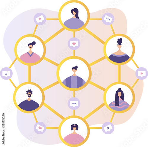 Social network. Social network concept. Tiny people communicate by exchanging data, photos, videos, links, posts on social networks. Vector flat illustration in modern style.