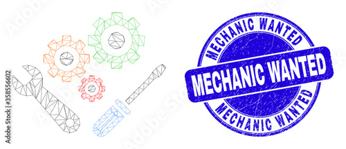 Web carcass instrumental tools icon and Mechanic Wanted seal stamp. Blue vector round grunge seal stamp with Mechanic Wanted text.