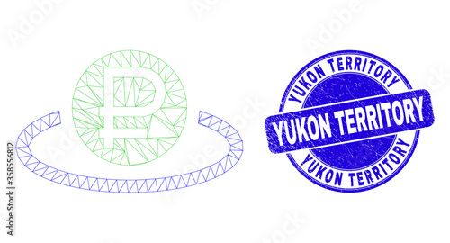 Web carcass rouble area icon and Yukon Territory seal. Blue vector round distress seal with Yukon Territory caption. Abstract frame mesh polygonal model created from rouble area icon.