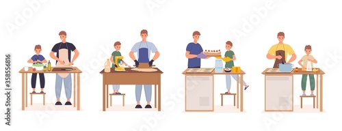 Happy father son cooking together at kitchen set. Parent son preparing green vegetarian salad, kneading dough, baking decorating cake, boiling fresh soup. Family recreation. Relationship communication