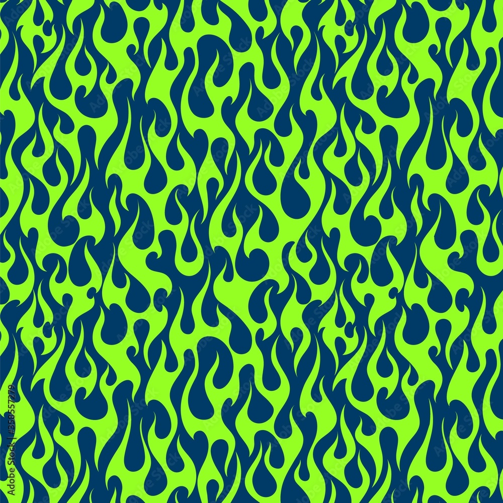 Vivid green fire flames on a dark blue background, old school seamless vector pattern Vivid green fire flames on a dark blue background, old school seamless vector pattern