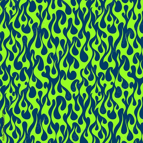 Vivid green fire flames on a dark blue background, old school seamless vector pattern