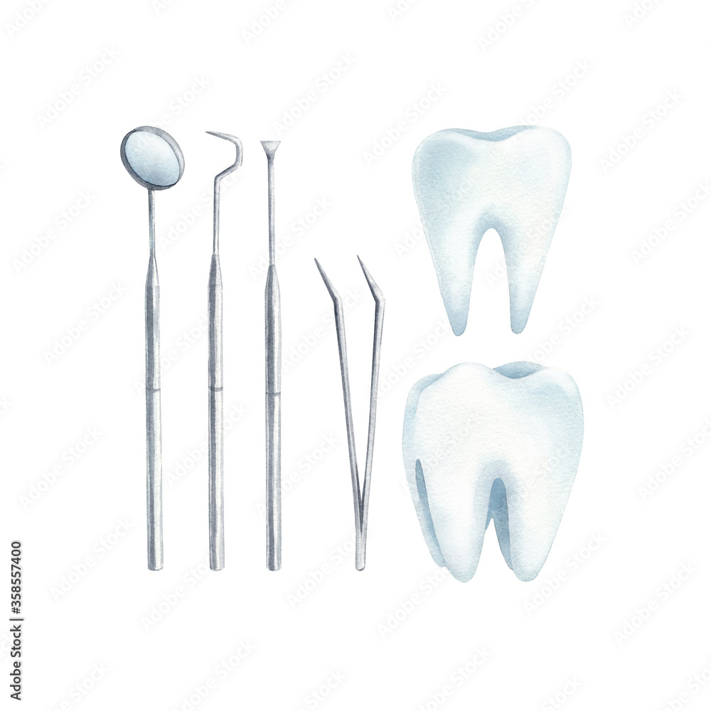 Watercolor hand drawn set of dentist tools and teeth isolated on white background. Six watercolor elements for your dental design. White teeth, dental mirror, dental tweezers and another tools. Watercolor hand drawn set of dentist tools and teeth isolated on white background. Six watercolor elements for your dental design. White teeth, dental mirror, dental tweezers and another tools.