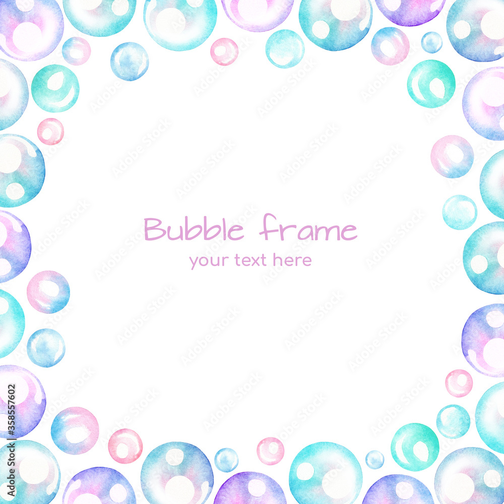 Square hand drawn watercolor bubble frame for cute design on white background isolated. Pink, violet, blue and green bubbles. Abstract frame.