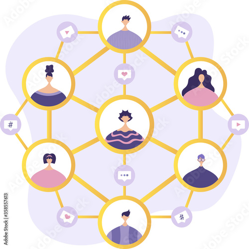 Social network. Social network concept. Tiny people communicate by exchanging data, photos, videos, links, posts on social networks. Vector flat illustration in modern style.