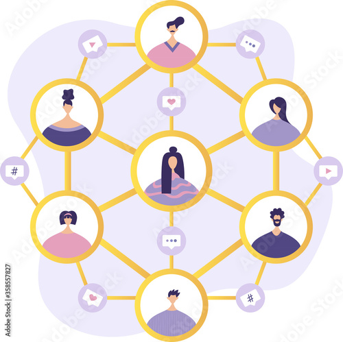 Social network. Social network concept. Tiny people communicate by exchanging data, photos, videos, links, posts on social networks. Vector flat illustration in modern style.