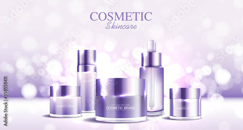 Cosmetics or skin care gold product ads purple bottle and background glittering light effect. vector design.