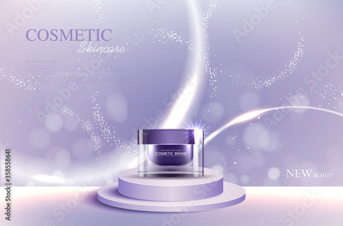 Cosmetics or skin care gold product ads purple bottle and background glittering light effect. vector design.