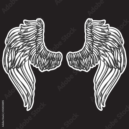 Realistic detailed hand drawn illustration of wings pair on abstract background. Graphic tattoo style image. Design element for t-shirt print.