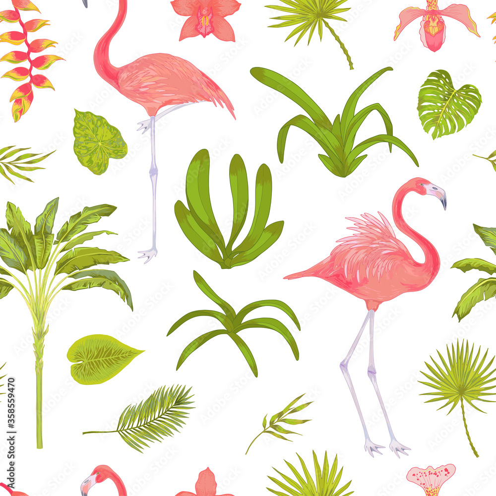Obraz premium Tropic vector seamless pattern with flamingo bird and orchid flowers and plants