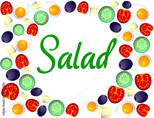 salad isolated on white background. Greek salad  red tomatoes   cheese  lettuce  cucumber  olives and olive oil. Vector