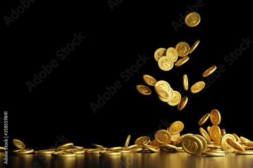 gold coin drop on black background copy space .3D Rendering.